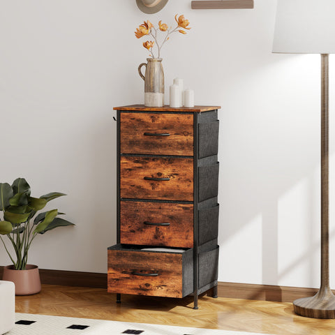 Rustic brown homcom chest of four fabric drawers with steel frame, two hooks, and adjustable feet for storage