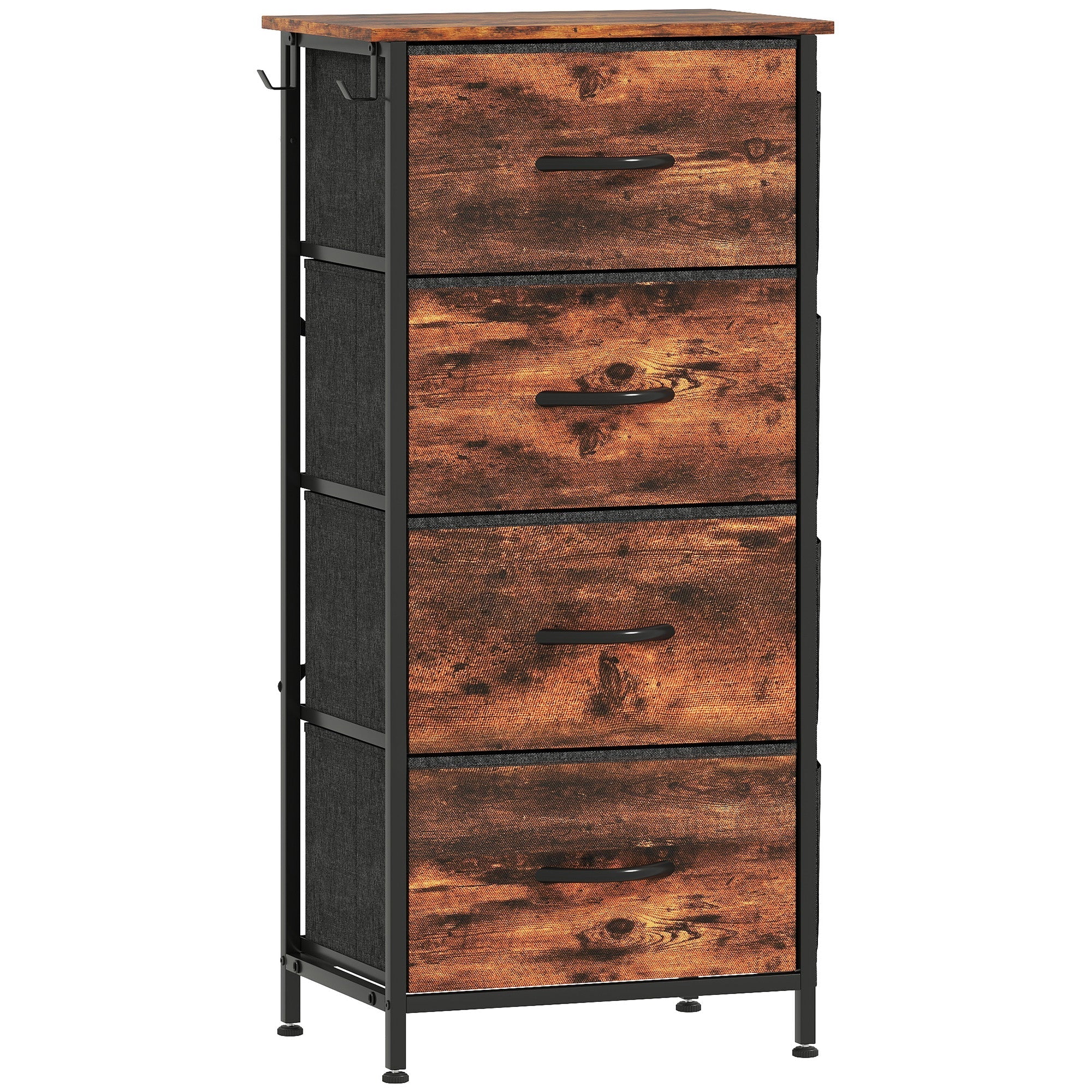 Rustic brown homcom chest of four fabric drawers with steel frame black metal handles and adjustable feet