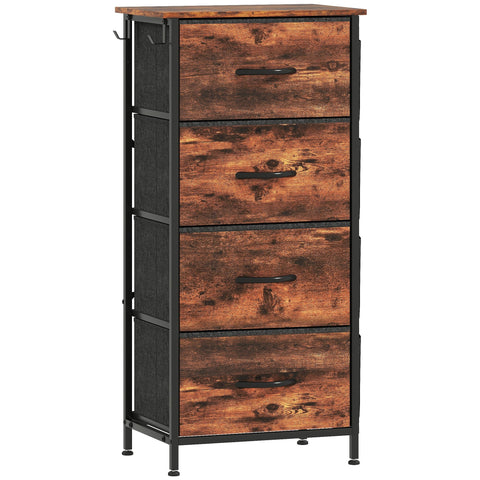 Rustic brown homcom chest of four fabric drawers with steel frame black metal handles and adjustable feet
