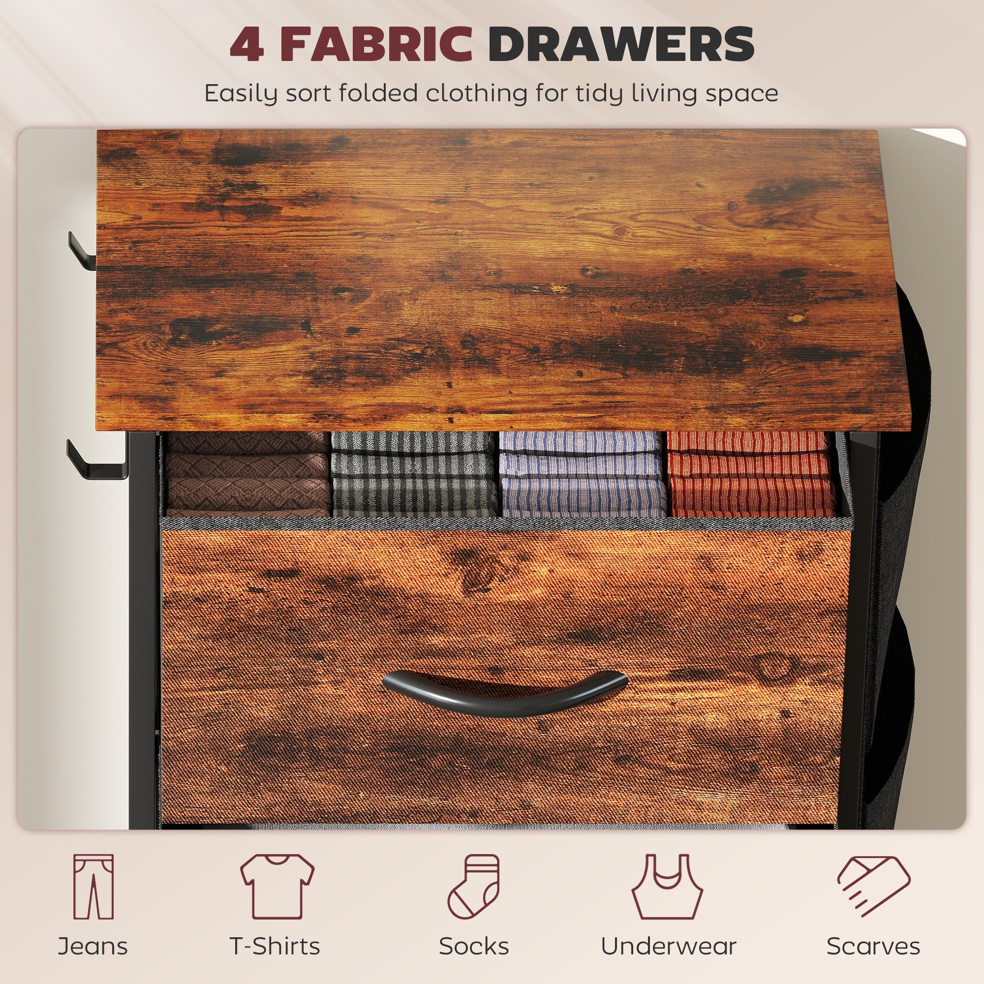 Rustic brown homcom chest of four fabric drawers with black metal handles steel frame and adjustable feet for storage