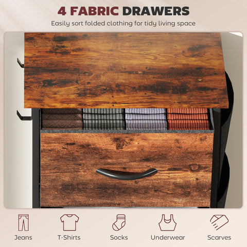 Rustic brown homcom chest of four fabric drawers with black metal handles steel frame and adjustable feet for storage