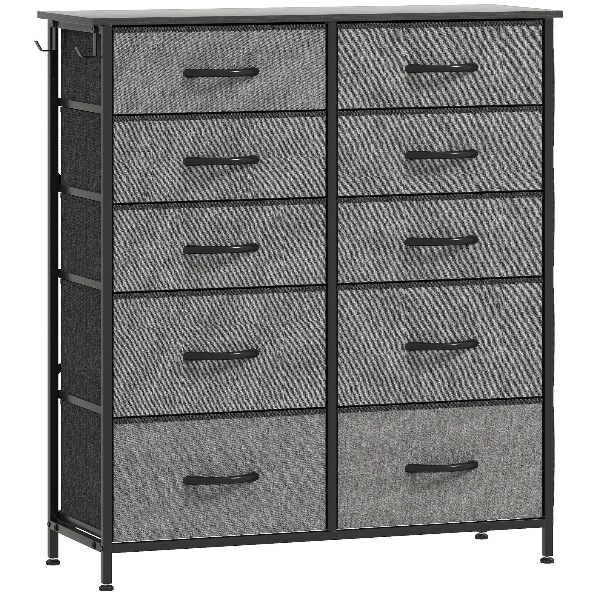Homcom chest of ten fabric drawers in charcoal grey with black metal frame featuring four large and six small drawers 39w x 28d