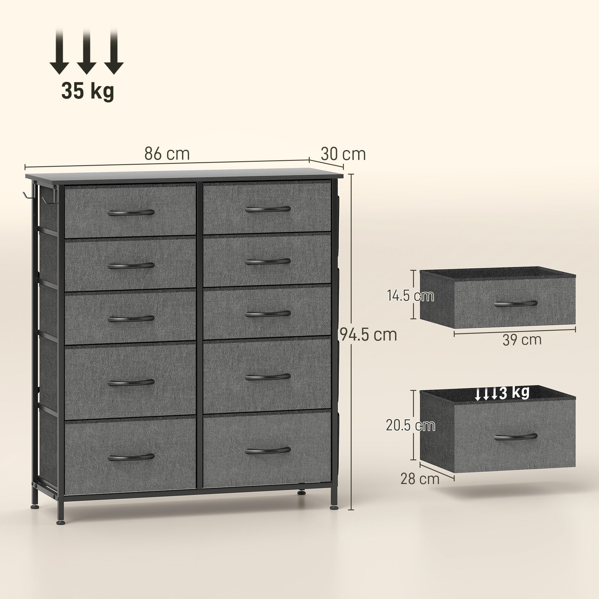 Homcom chest of ten fabric drawers with black metal frame charcoal grey four large drawers 39w x 28d and six small