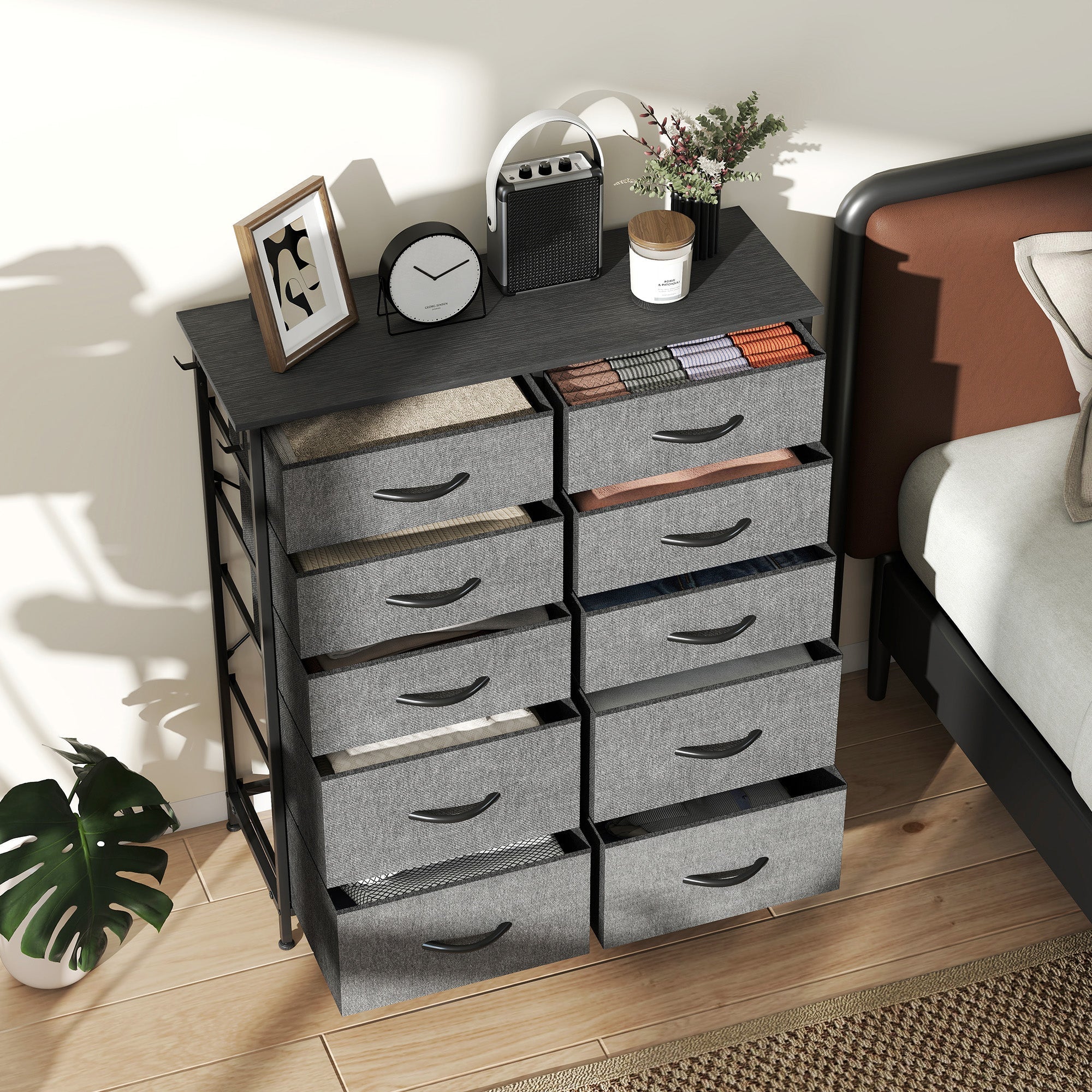 Homcom chest of ten fabric drawers with charcoal grey gray fabric four large drawers and six small 39w x 28d black frame