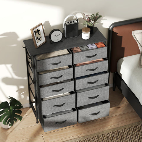 Homcom chest of ten fabric drawers with charcoal grey gray fabric four large drawers and six small 39w x 28d black frame