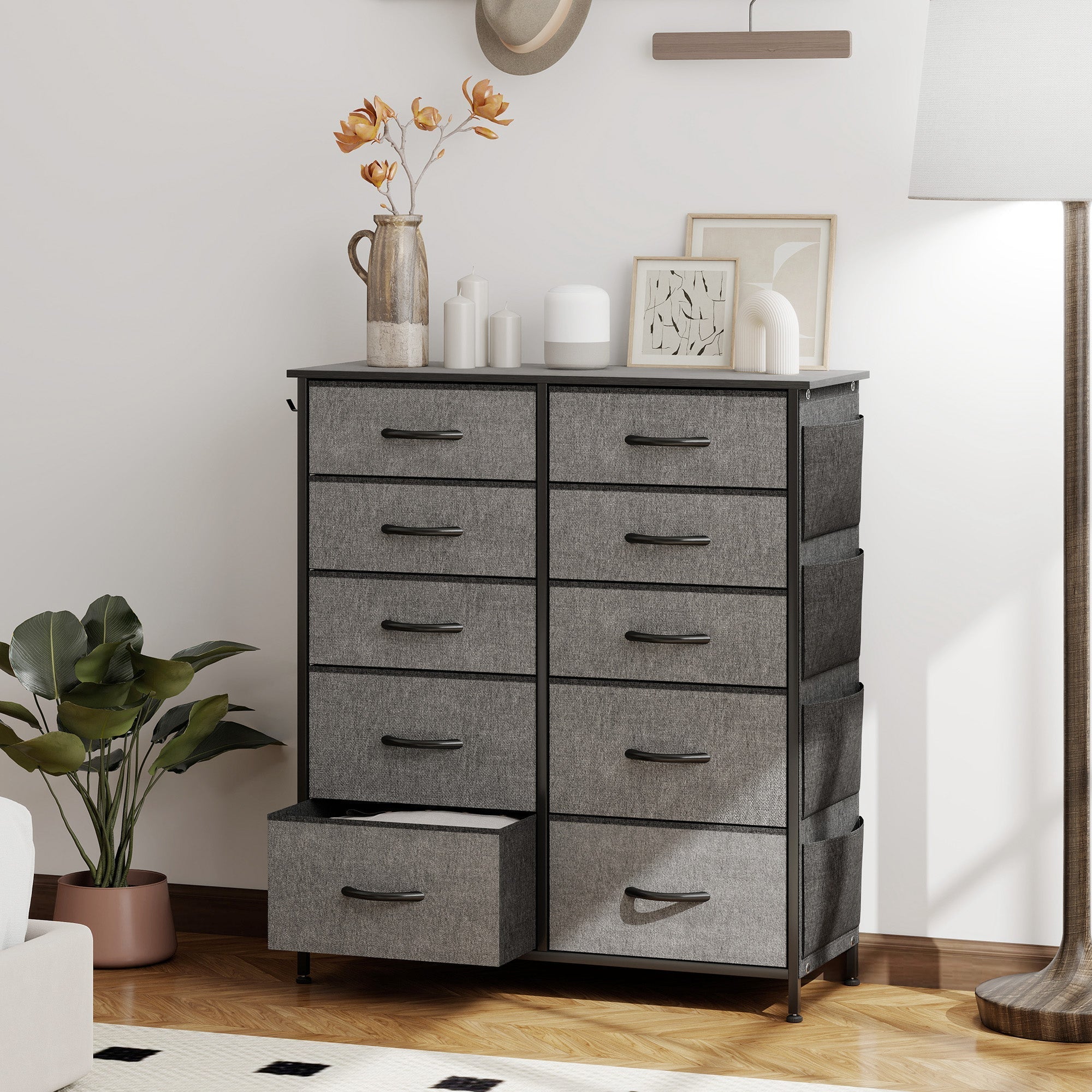 Homcom chest of ten fabric drawers in charcoal grey with black metal frame features four large drawers and six small 39w x 28d
