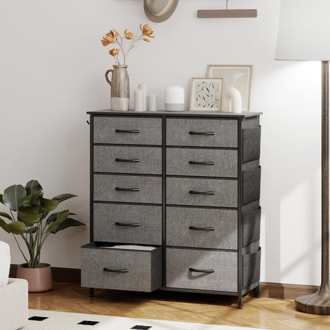 Homcom chest of ten fabric drawers in charcoal grey with black metal frame features four large drawers and six small 39w x 28d