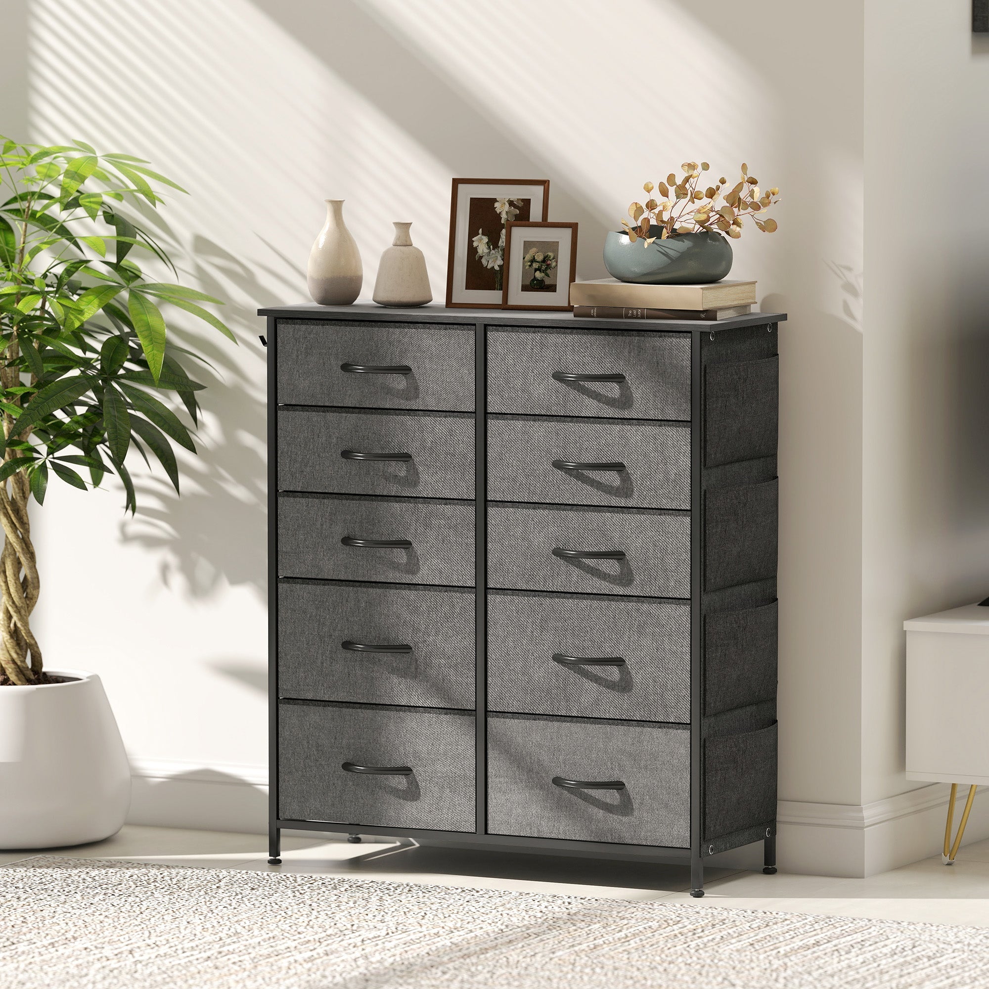 Homcom chest of ten fabric drawers in charcoal grey with eight drawers and black metal handles 39w x 28d