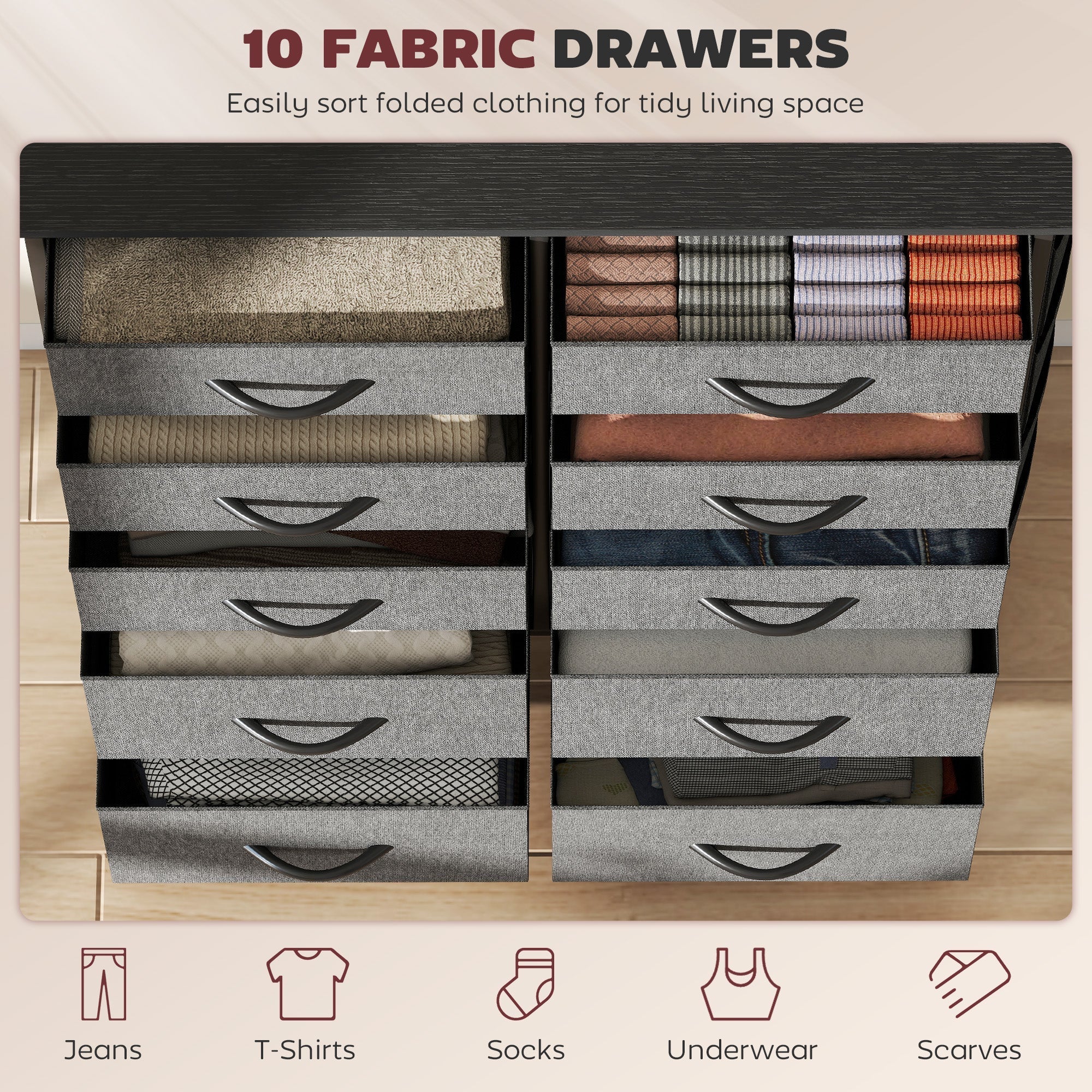 Homcom chest of ten fabric drawers in charcoal grey with four large drawers and six small for organizing clothes 39w x 28d