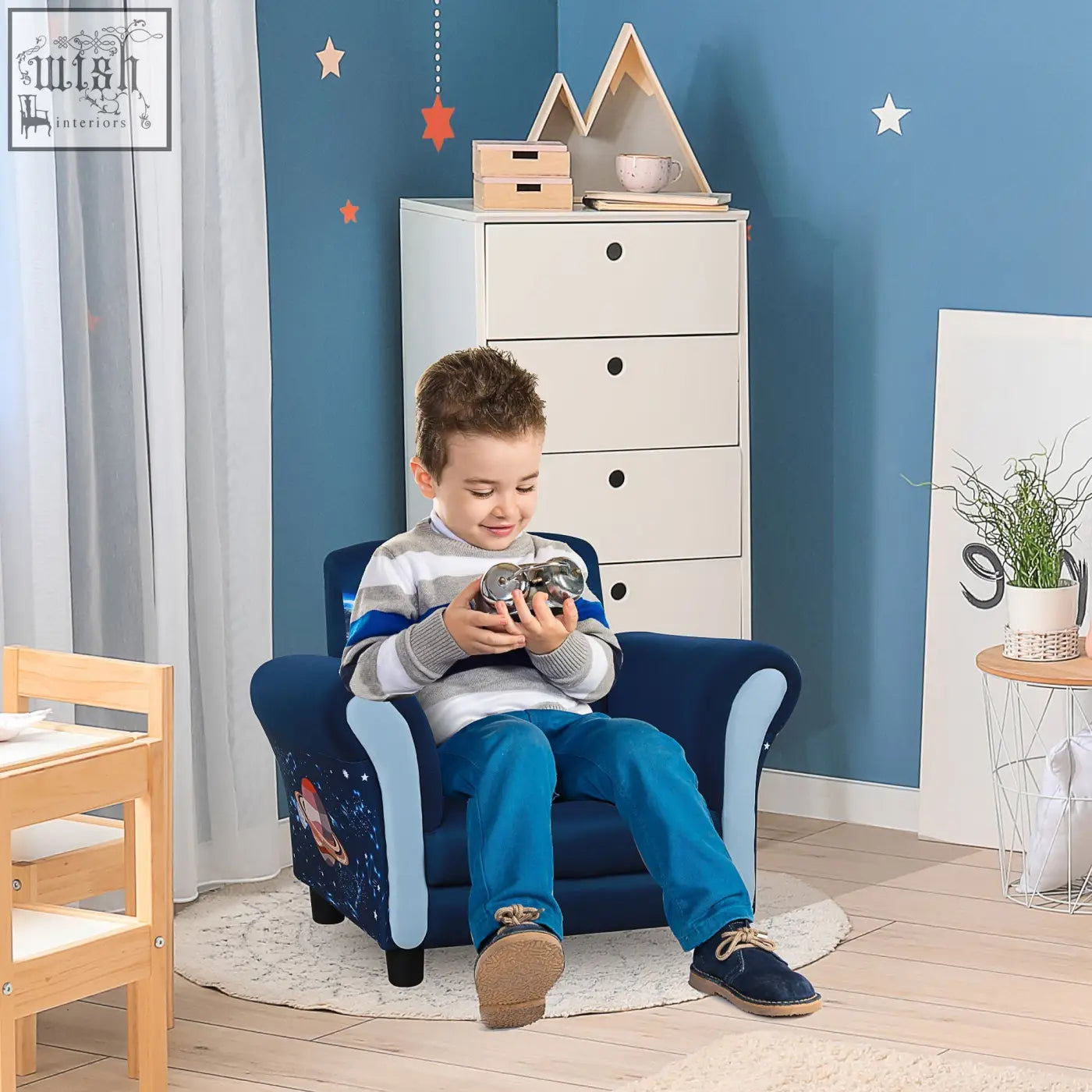 Blue HOMCOM child armchair kids mini sofa with space-themed fabric wide seat and plush foam for comfort