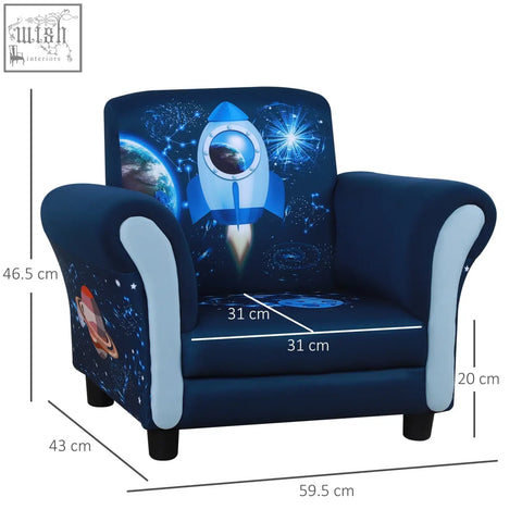 Blue homcom kids mini sofa armchair with plush foam wide seat and space themed rocket planets and stars design