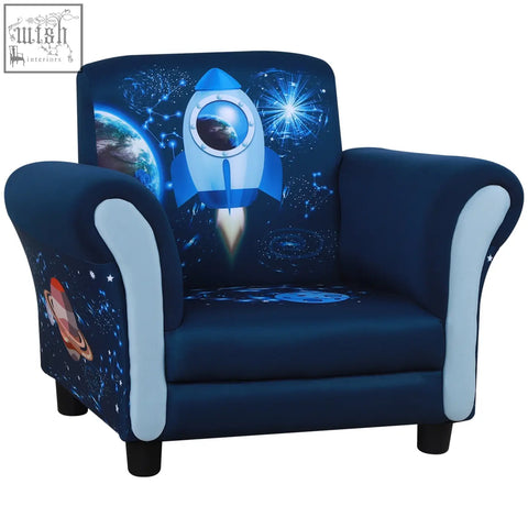 Navy blue homcom kids mini sofa armchair with plush foam wide seat and space-themed rocket and planets design