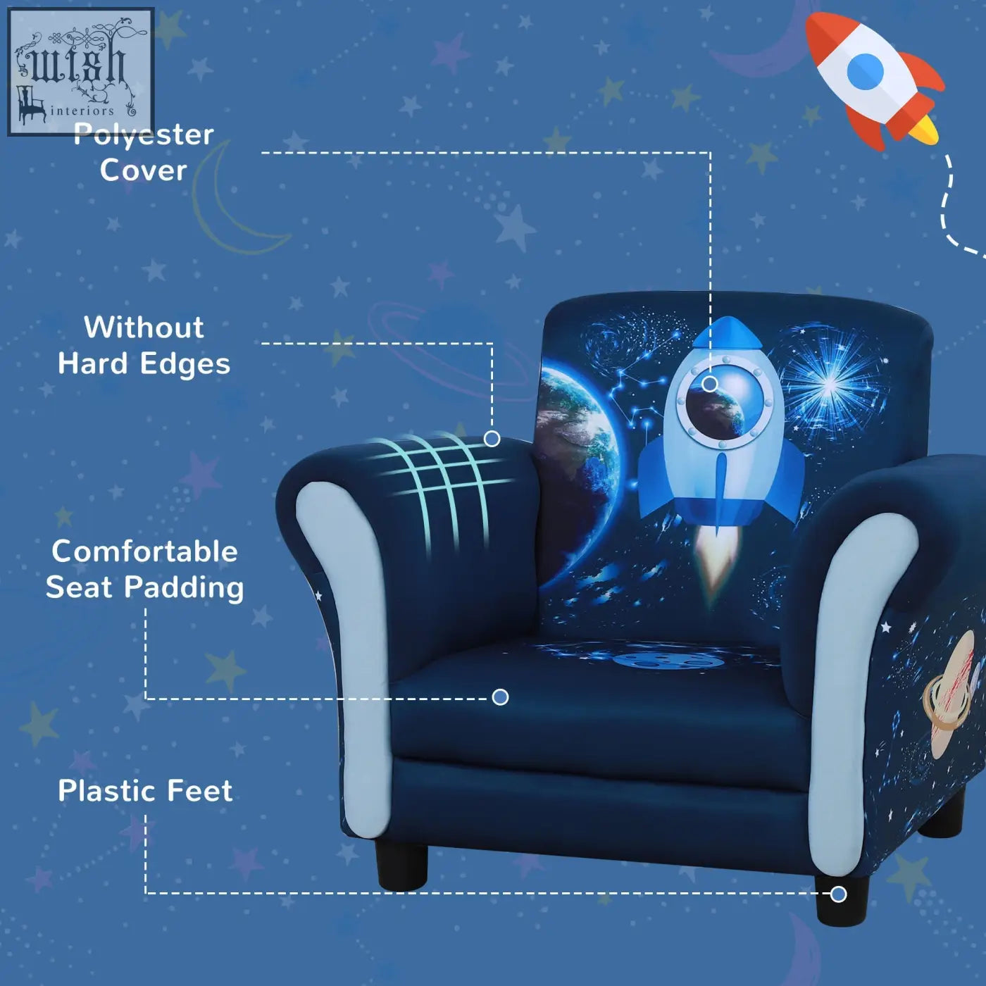Blue homcom child armchair with space rocket design white padded arms plush foam mini sofa with wide seat