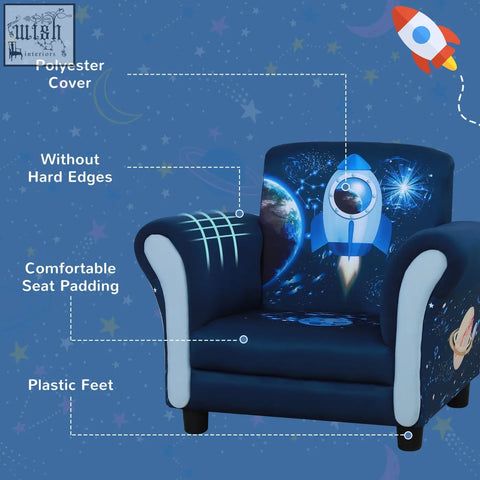 Blue homcom child armchair with space rocket design white padded arms plush foam mini sofa with wide seat