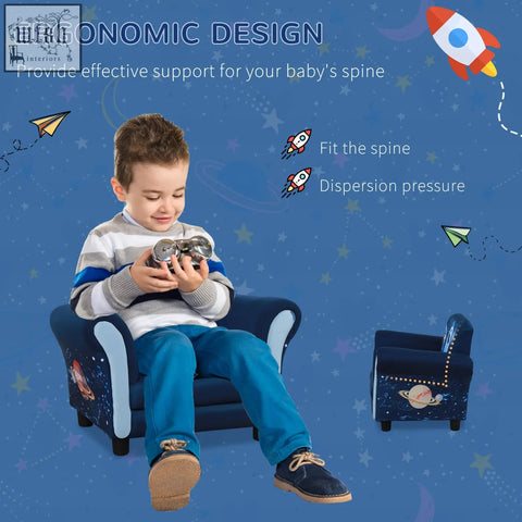 Blue homcom child armchair with plush foam, wide seat, and space-themed decals perfect as a mini sofa for toddlers