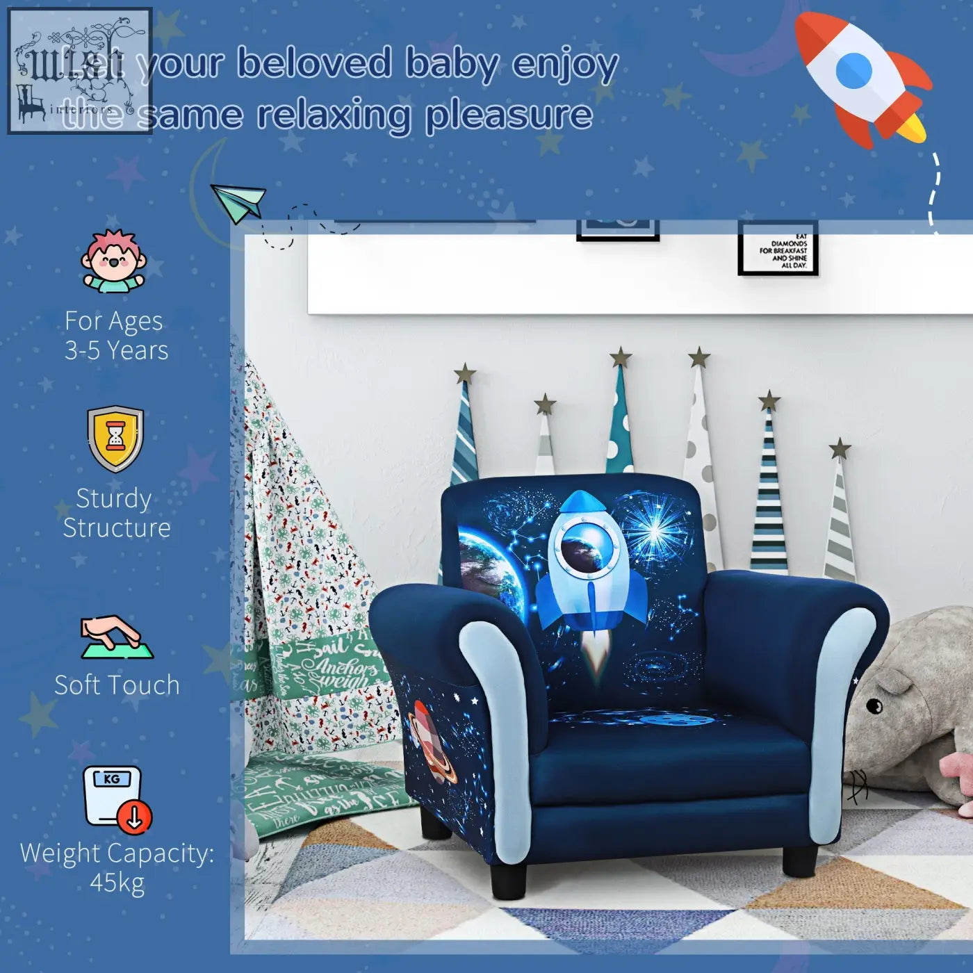 Blue and light blue HOMCOM child armchair with plush foam wide seat rocket design mini sofa for kids