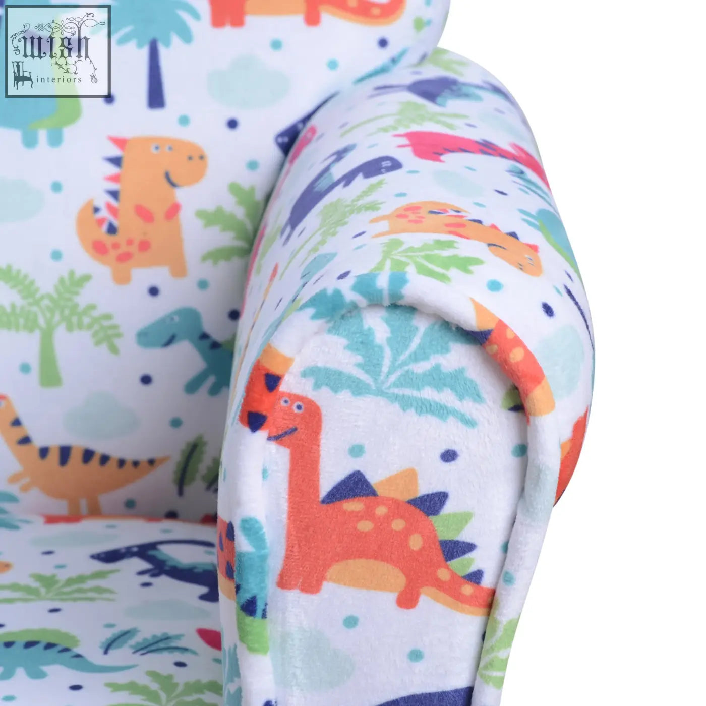 A white plush children armchair with flannel-feel upholstery featuring cartoon dinosaur print and sturdy wood frame