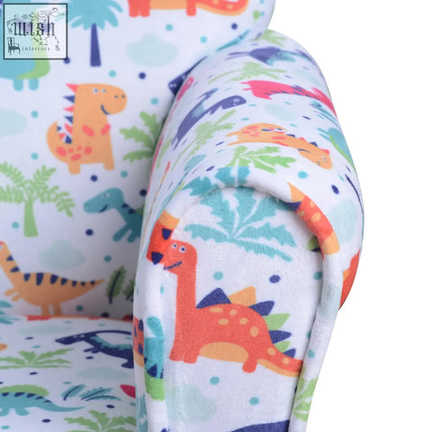 A white plush children armchair with flannel-feel upholstery featuring cartoon dinosaur print and sturdy wood frame