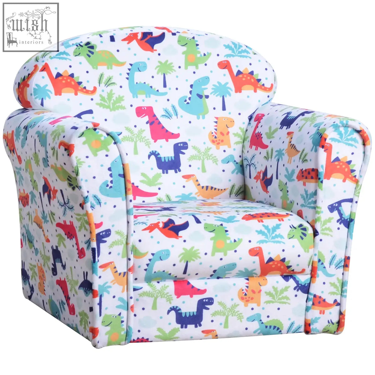 Kids upholstered armchair with cartoon dinosaur pattern flannel-feel upholstery and sturdy wood frame on white background