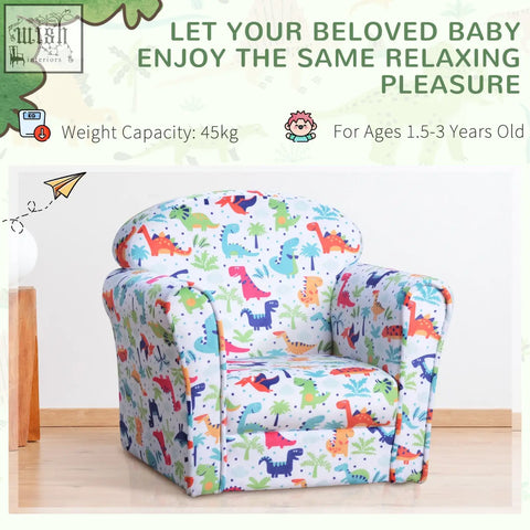 A white plush kids armchair with flannel-feel upholstery and a colorful cartoon dinosaur pattern on a wood frame