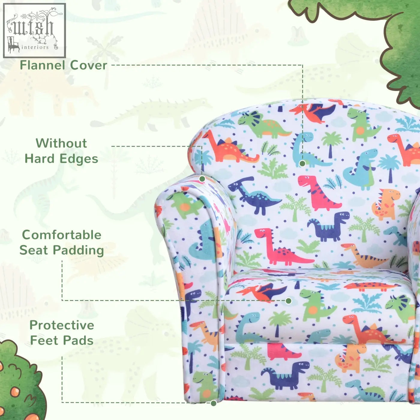 Childrens armchair with wood frame and flannel-feel upholstery featuring colorful cartoon dinosaur pattern