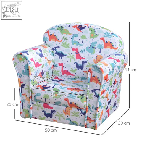 A colorful kids sofa with cartoon dinosaur flannel-feel upholstery and a sturdy wood frame perfect for playrooms