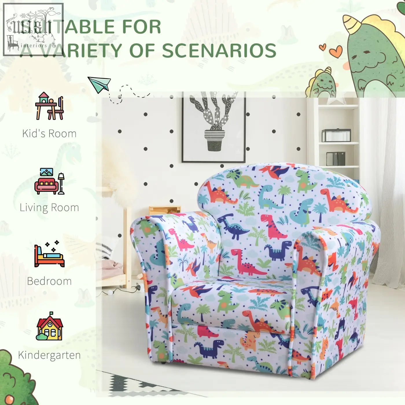 Colorful kids armchair with flannel-feel upholstery and wood frame featuring cartoon dinosaur pattern for playroom use