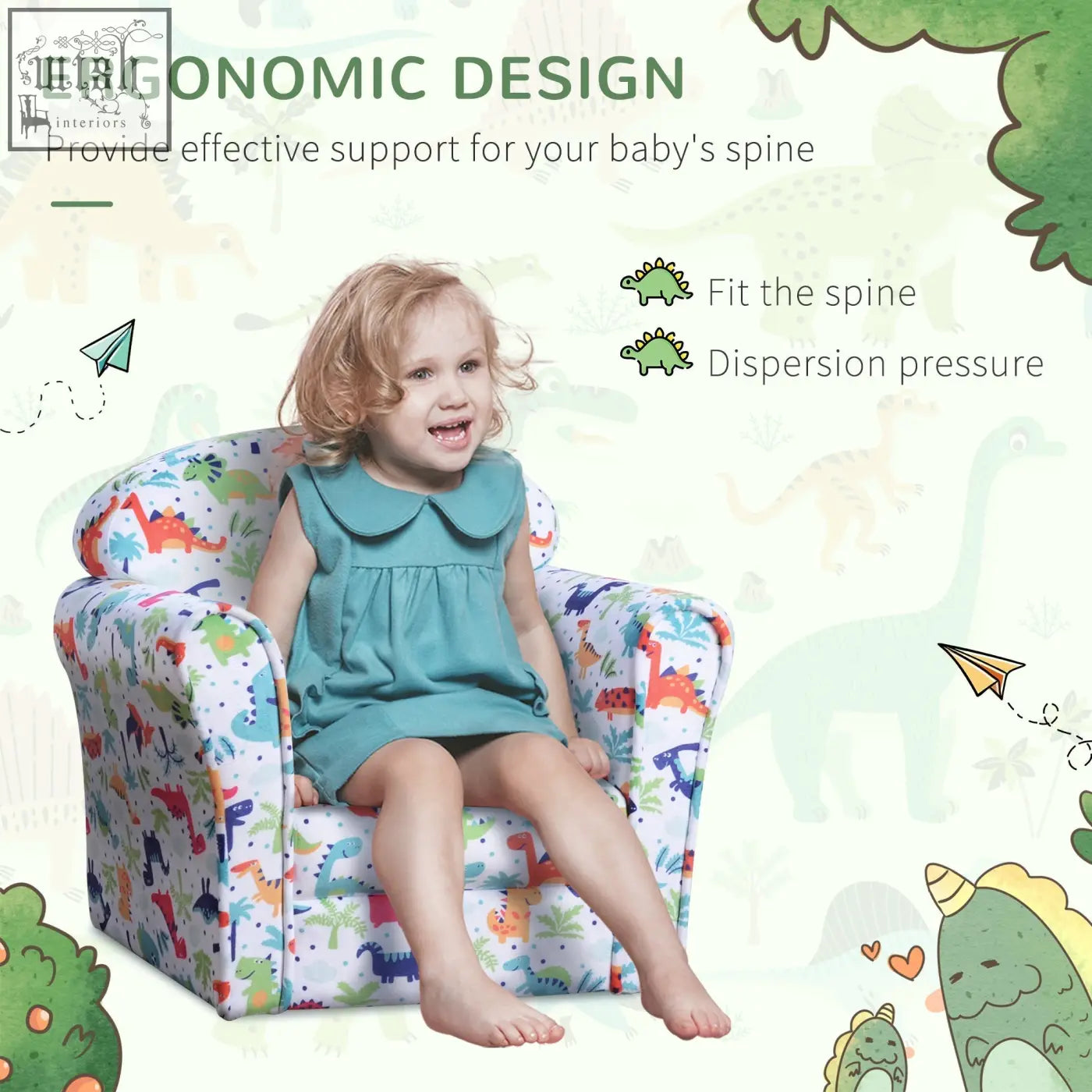 White kids sofa with wood frame and flannel-feel upholstery featuring cartoon dinosaur pattern for playroom seating