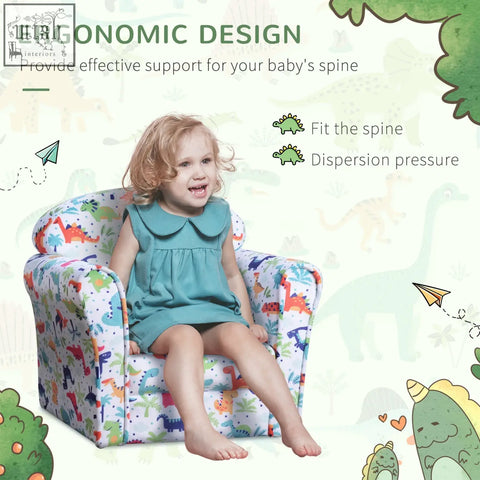 White kids sofa with wood frame and flannel-feel upholstery featuring cartoon dinosaur pattern for playroom seating