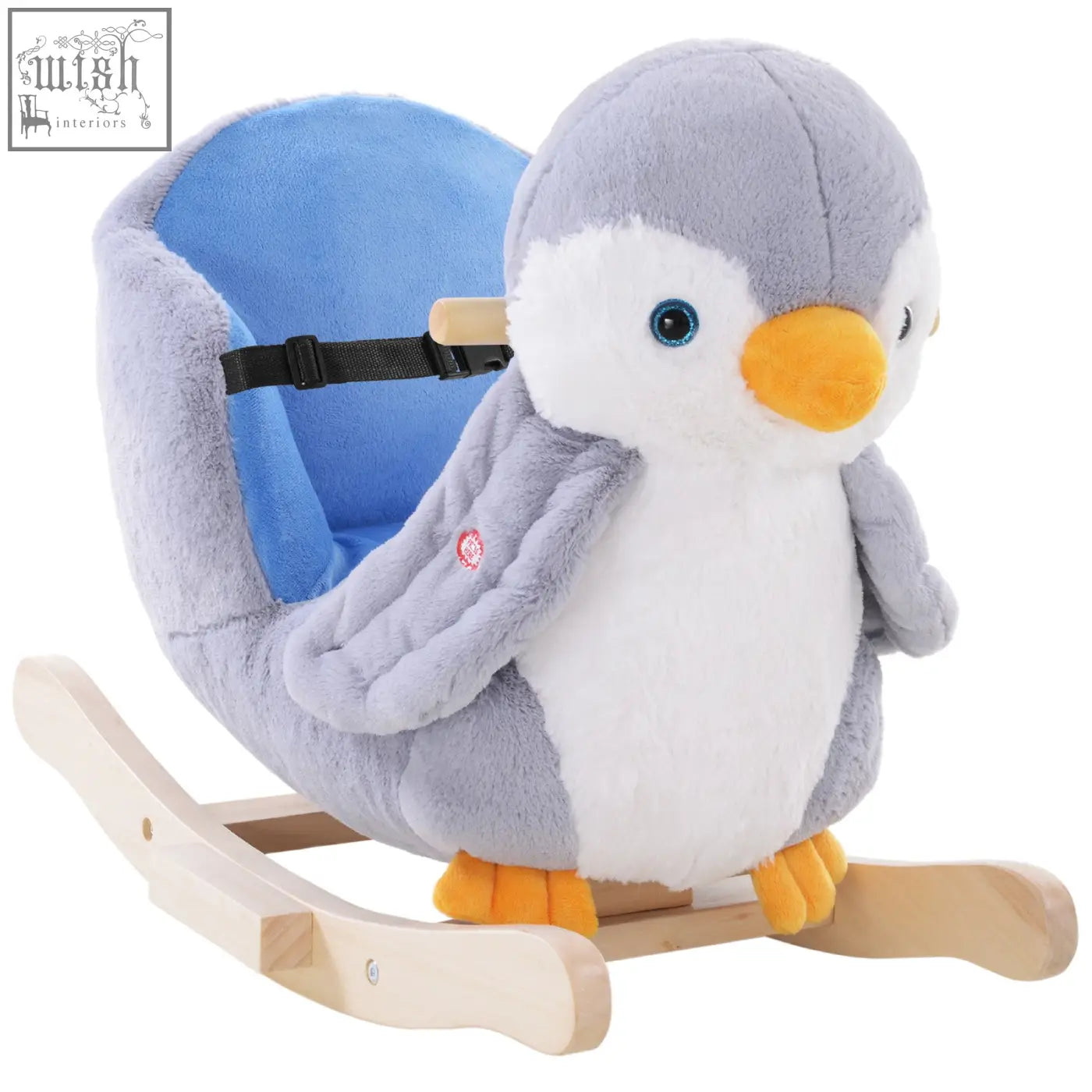 A plush gray and white penguin rocking horse with poplar wood rockers, music button, and reinforced steel frame