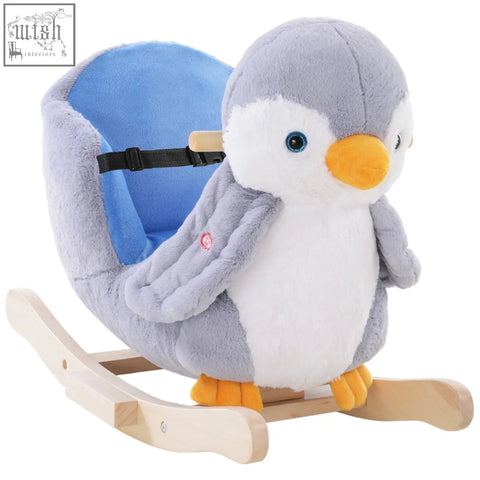 A plush gray and white penguin rocking horse with poplar wood rockers, music button, and reinforced steel frame