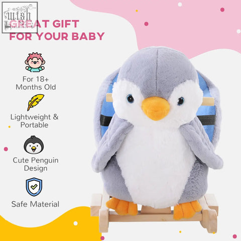 Adorable gray and white plush penguin rocker with music button and blue striped backrest made from poplar wood and reinforced steel