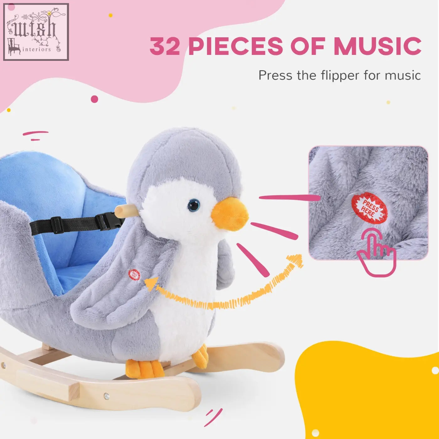 A gray and white plush penguin rocking horse with blue seat, orange beak, wooden rockers, and reinforced steel frame