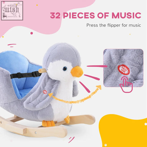 A gray and white plush penguin rocking horse with blue seat, orange beak, wooden rockers, and reinforced steel frame
