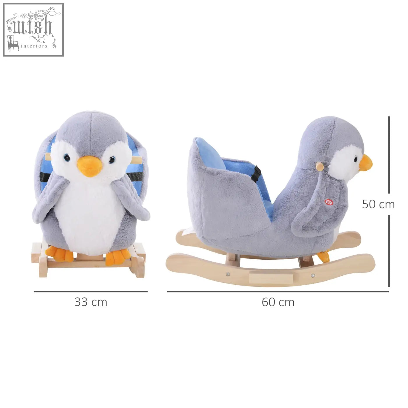 Cute gray and white plush penguin rocking chair with orange beak feet blue seat poplar wood base music button