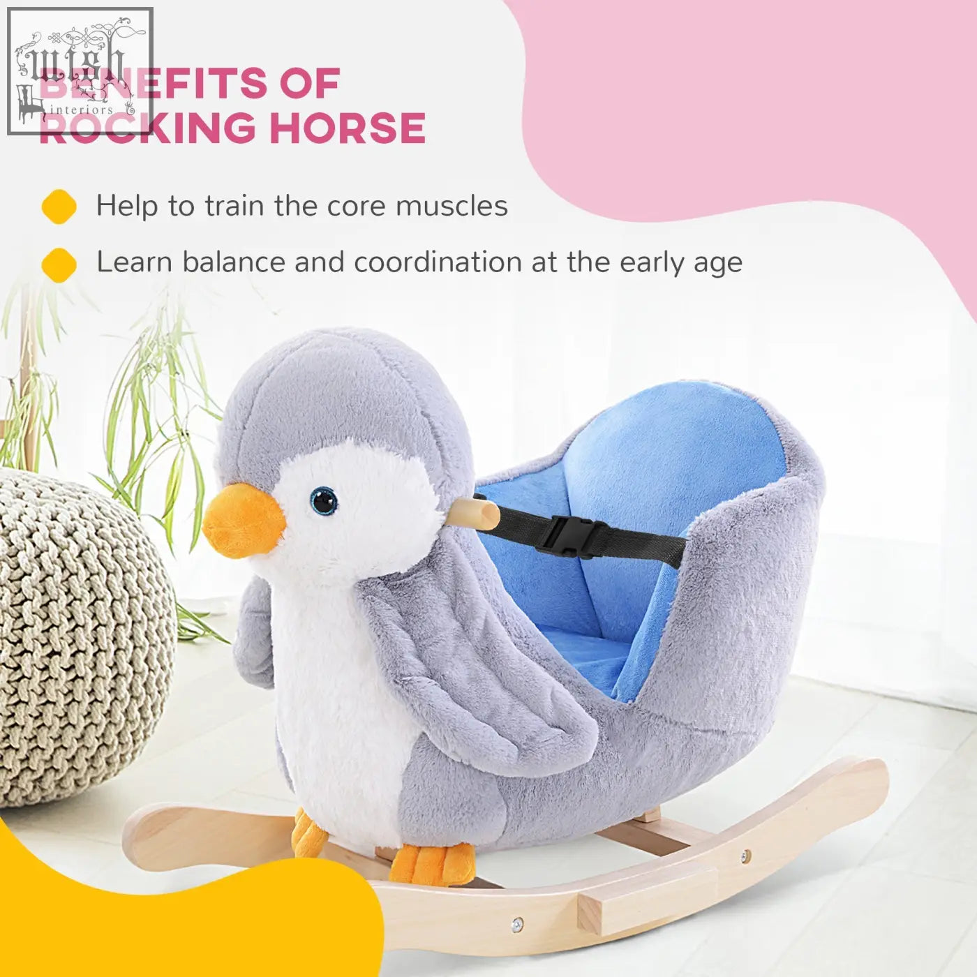 A plush penguin rocking horse with orange beak, blue seat, poplar wood base, reinforced steel frame, and music button