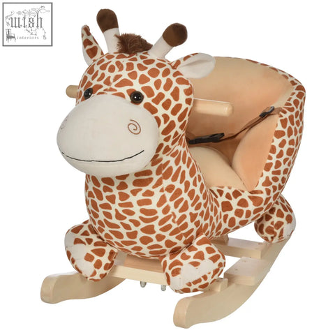 Plush giraffe rocking horse with brown cream spots wooden handles safety belt perfect for nursery rhymes fun