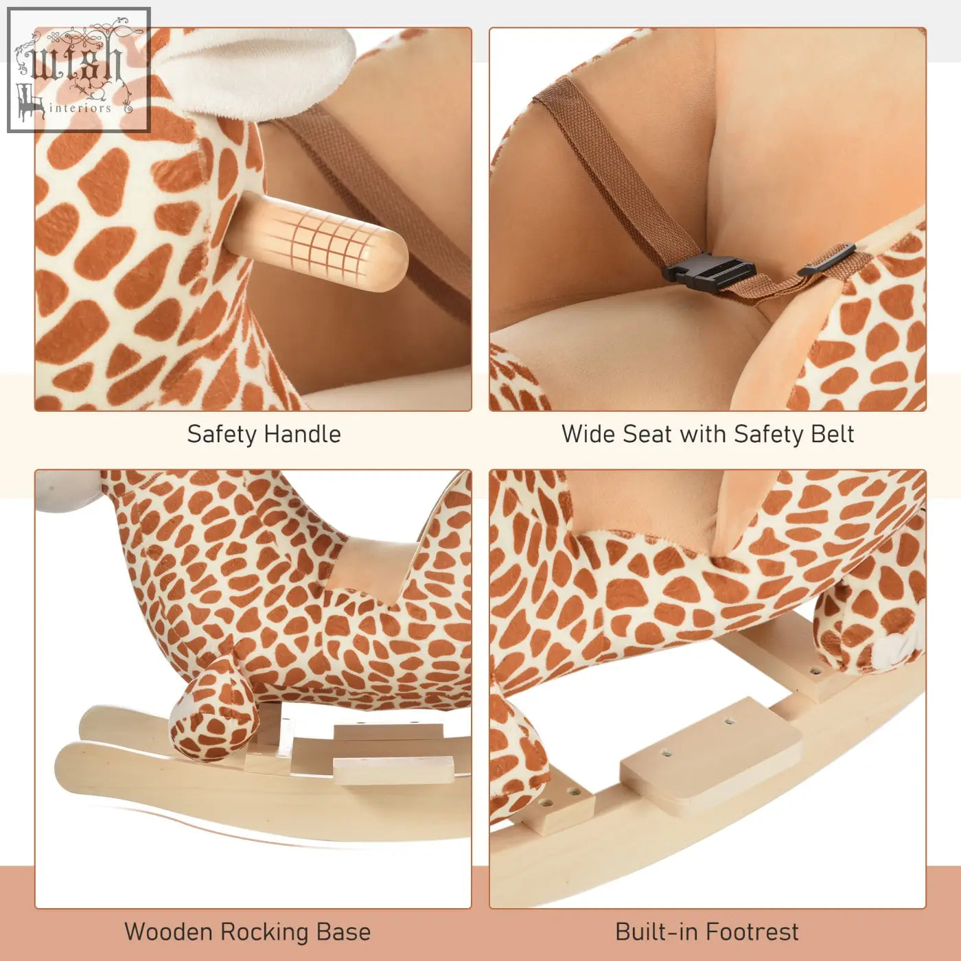A plush giraffe rocking horse with a tan and brown spotted pattern wooden handles and safety belt for toddlers gift