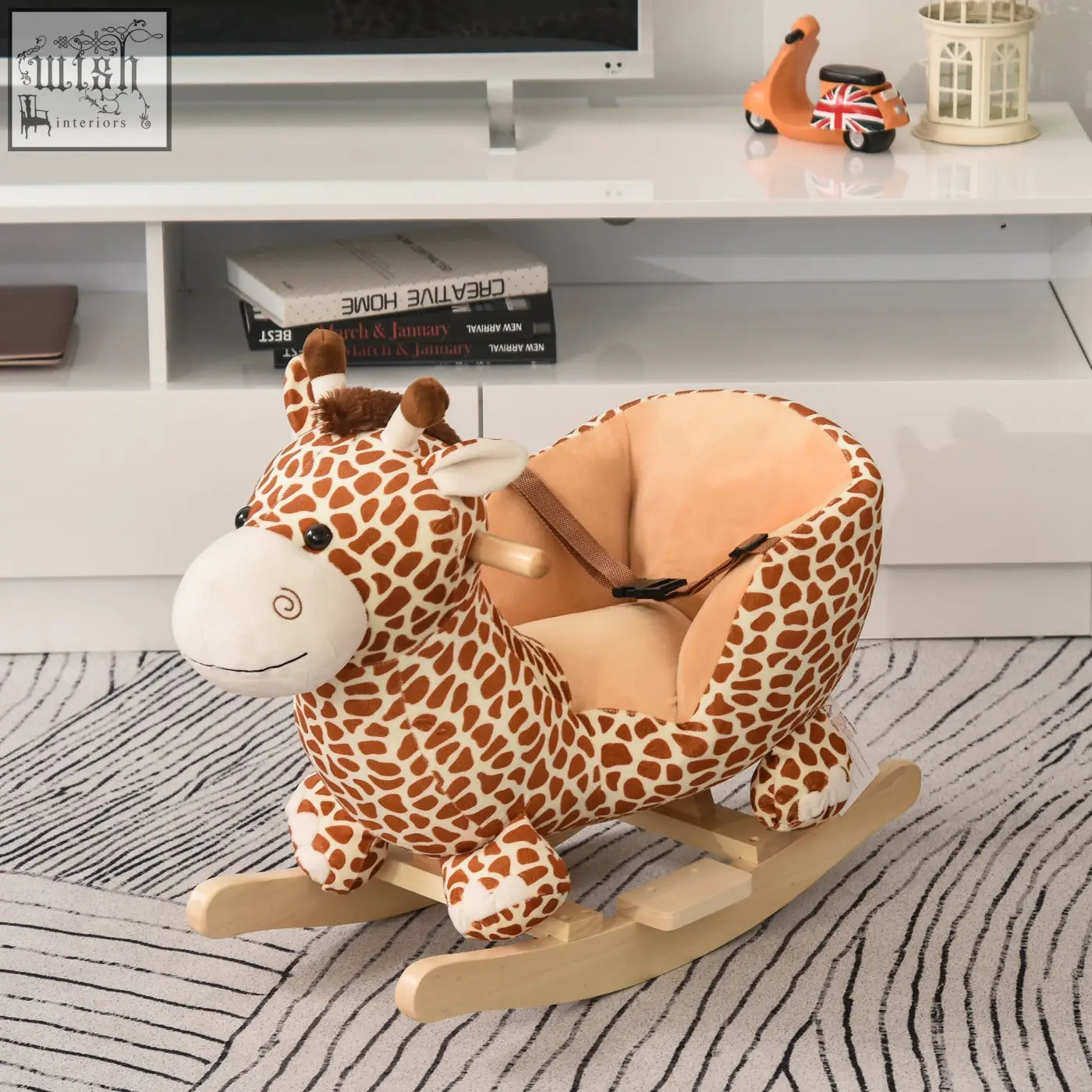 Homcom plush giraffe rocking horse with wooden handles safety belt and soft fabric perfect for nursery rhymes playtime