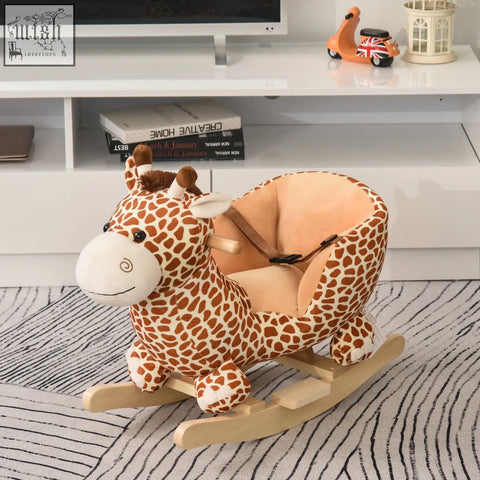 Homcom plush giraffe rocking horse with wooden handles safety belt and soft fabric perfect for nursery rhymes playtime