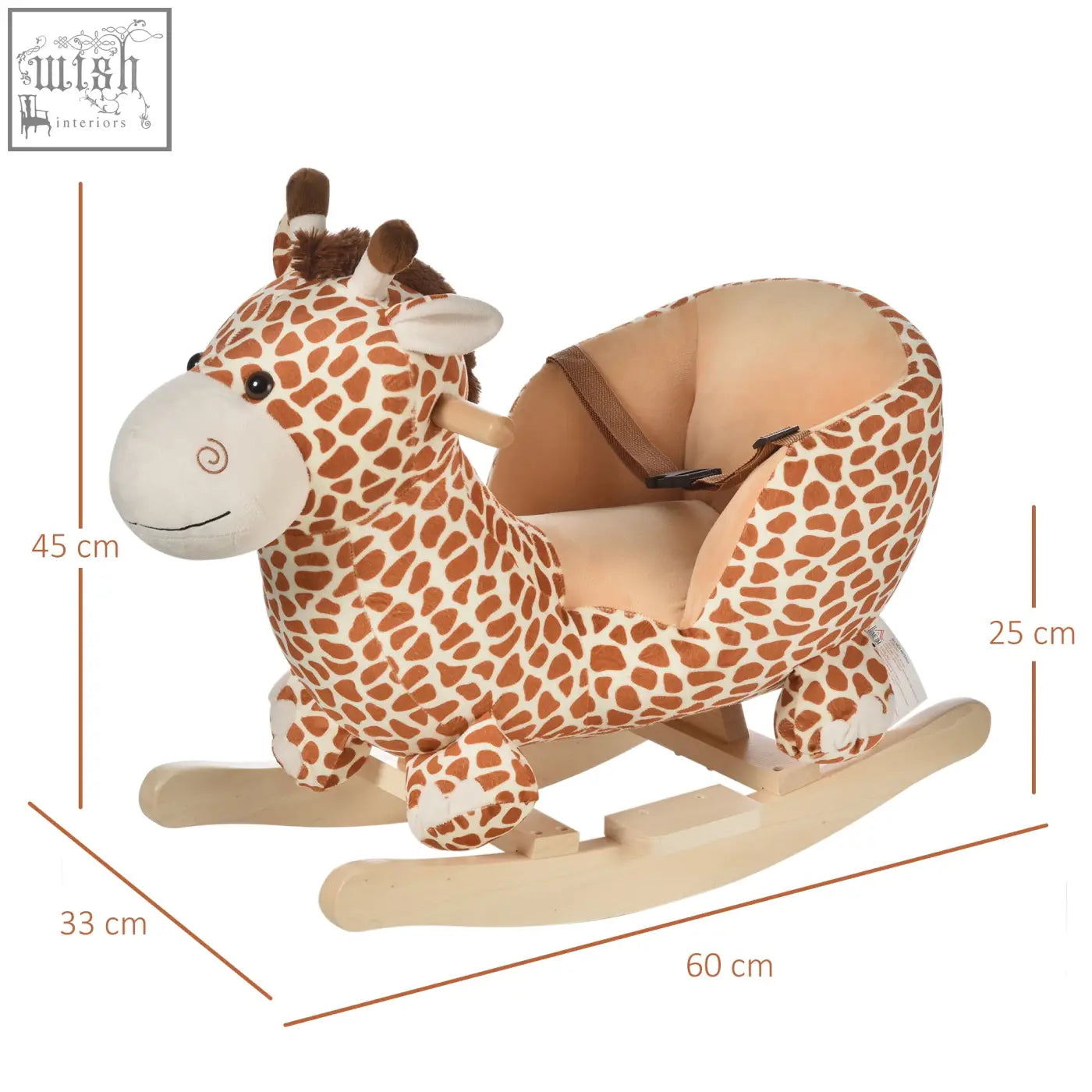 Plush giraffe rocking horse with brown spotted fabric beige seat wooden rockers safety belt and wooden handles for toddlers