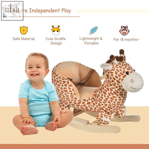 A plush giraffe rocking horse by homcom with brown cream spots wooden handles and a safety belt for toddlers nursery rhymes play