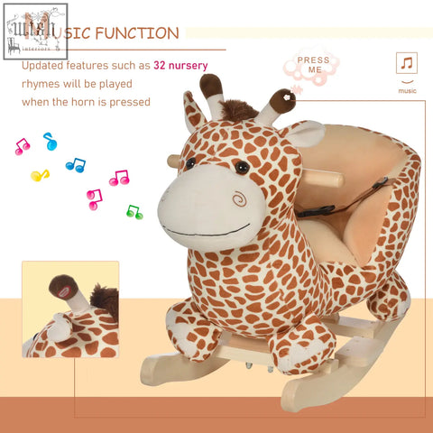 Plush giraffe rocking horse with brown cream spots wooden base legs safety belt and wooden handles kids toddler toy gift