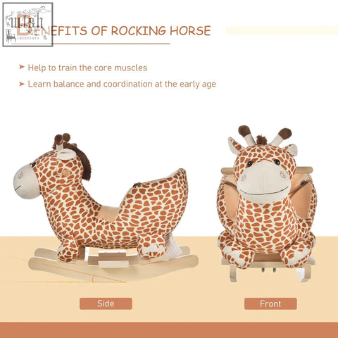 Cute brown and cream giraffe rocking horse toy with plush body wooden handles and safety belt for nursery rhymes play