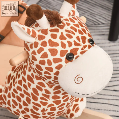 Cute brown and white giraffe plush rocking horse with safety belt wooden handles soft fabric for nursery rhymes fun