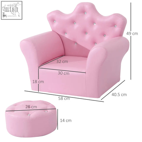 Pink kids sofa set with tufted crown back, silver rhinestones, matching footstool, and pu leather seat for girls