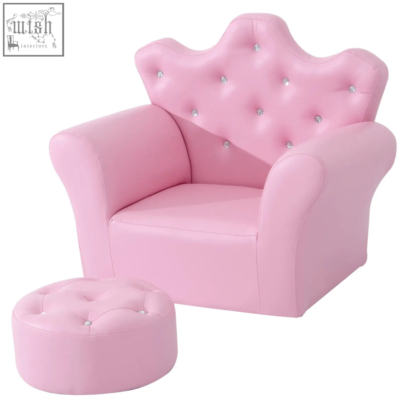Pink kids sofa chair with crown back silver rhinestones and matching free footstool in pu leather from HOMCOM