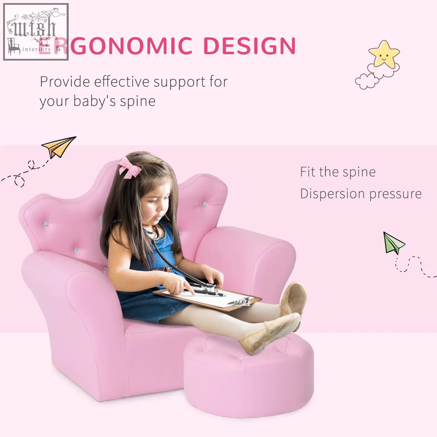Pink tufted kids sofa set with crown-shaped backrest and matching footstool in pu leather for girls