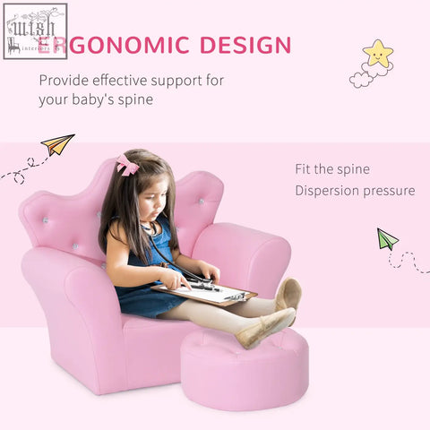 Pink tufted kids sofa set with crown-shaped backrest and matching footstool in pu leather for girls