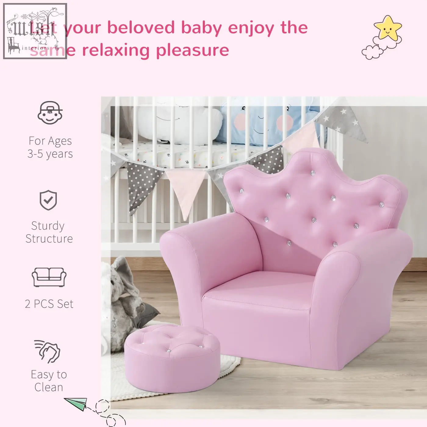 Pink kids sofa with tufted back silver buttons and matching footstool PU leather armchair for girls
